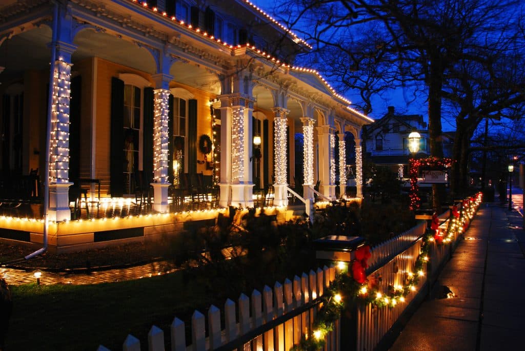 Christmas lights adorned on Victorian homes