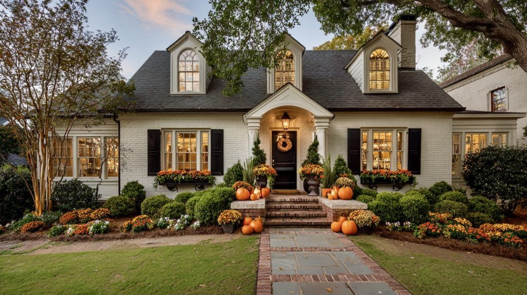 A classy photo of a beautiful home in the golden hour with pumpkins and flowers after a Roof Leak was Repaired. Final roof repair image